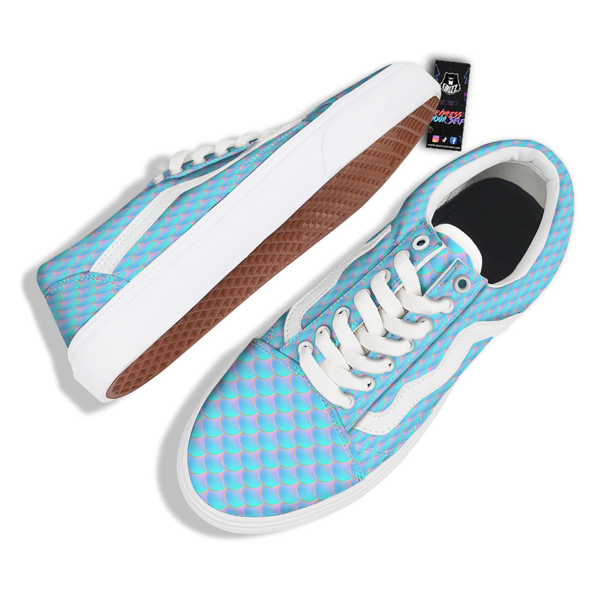 Mermaid Scales Blue Neon Print Pattern Skate Shoes-grizzshop