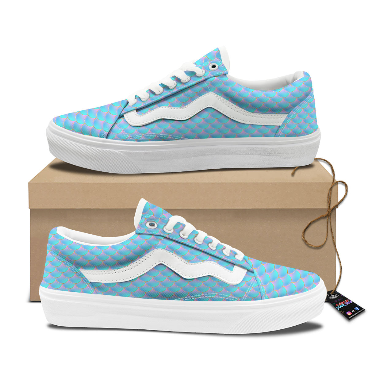 Mermaid Scales Blue Neon Print Pattern Skate Shoes-grizzshop