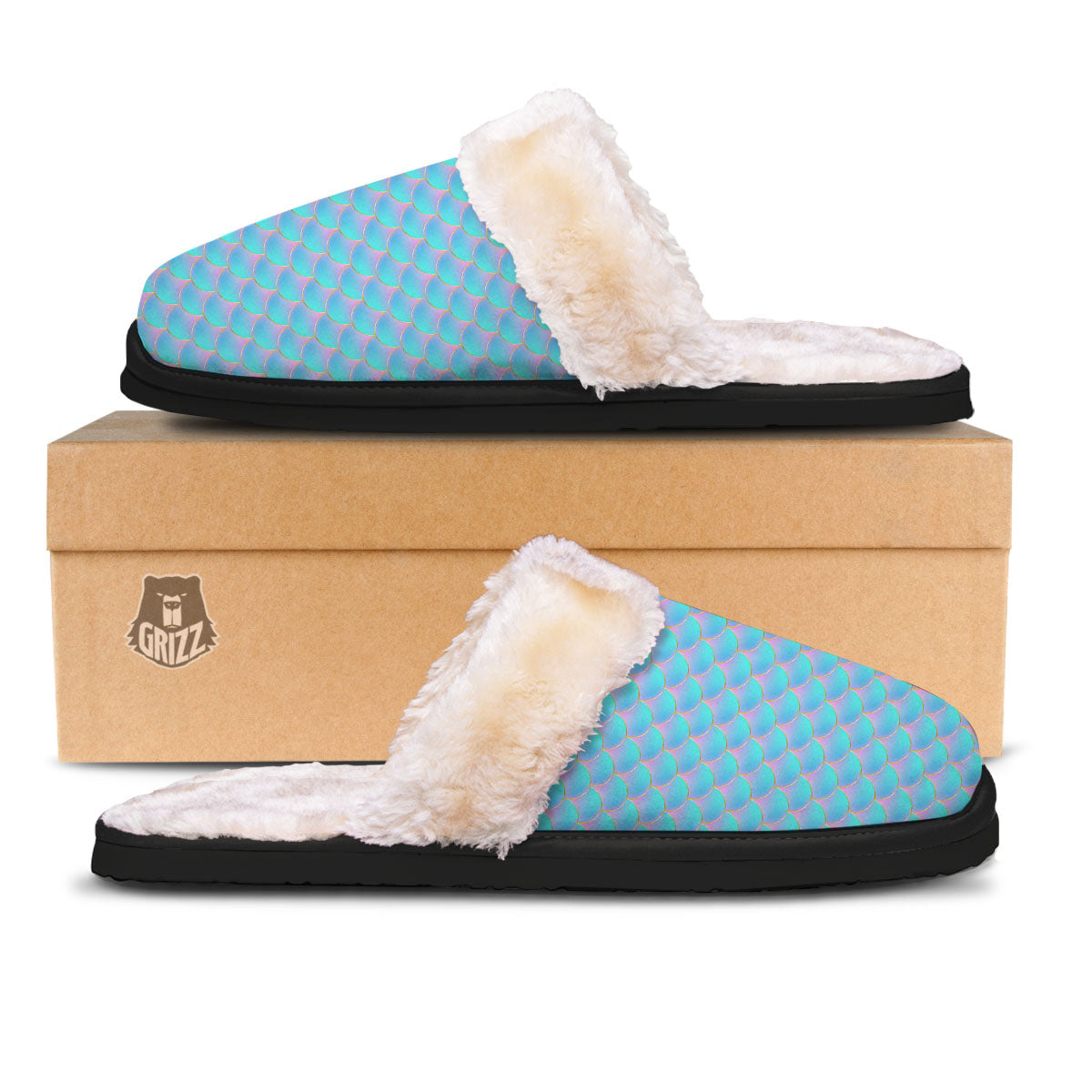 Mermaid Scales Blue Neon Print Pattern Slippers-grizzshop