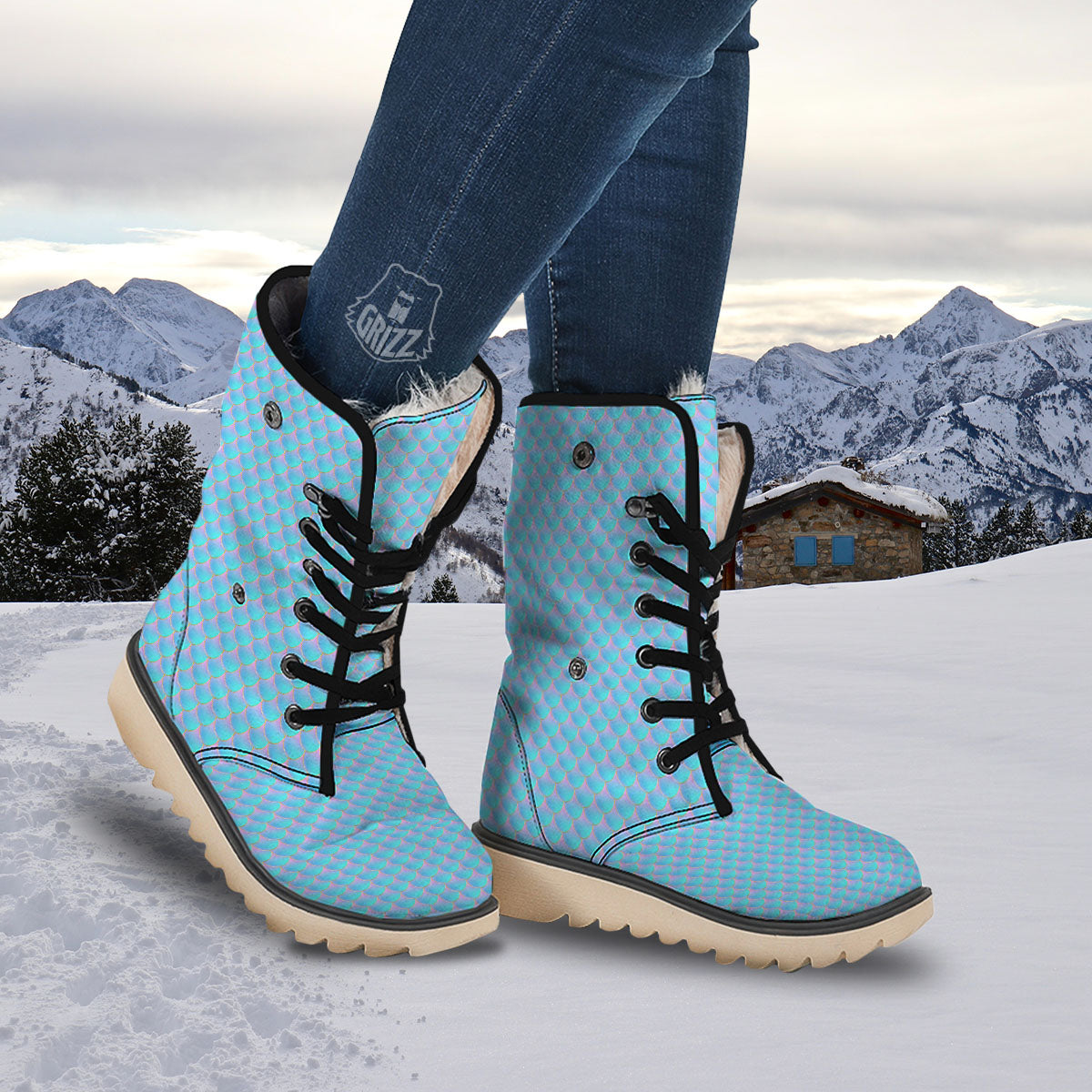 Mermaid Scales Blue Neon Print Pattern Snow Boots-grizzshop