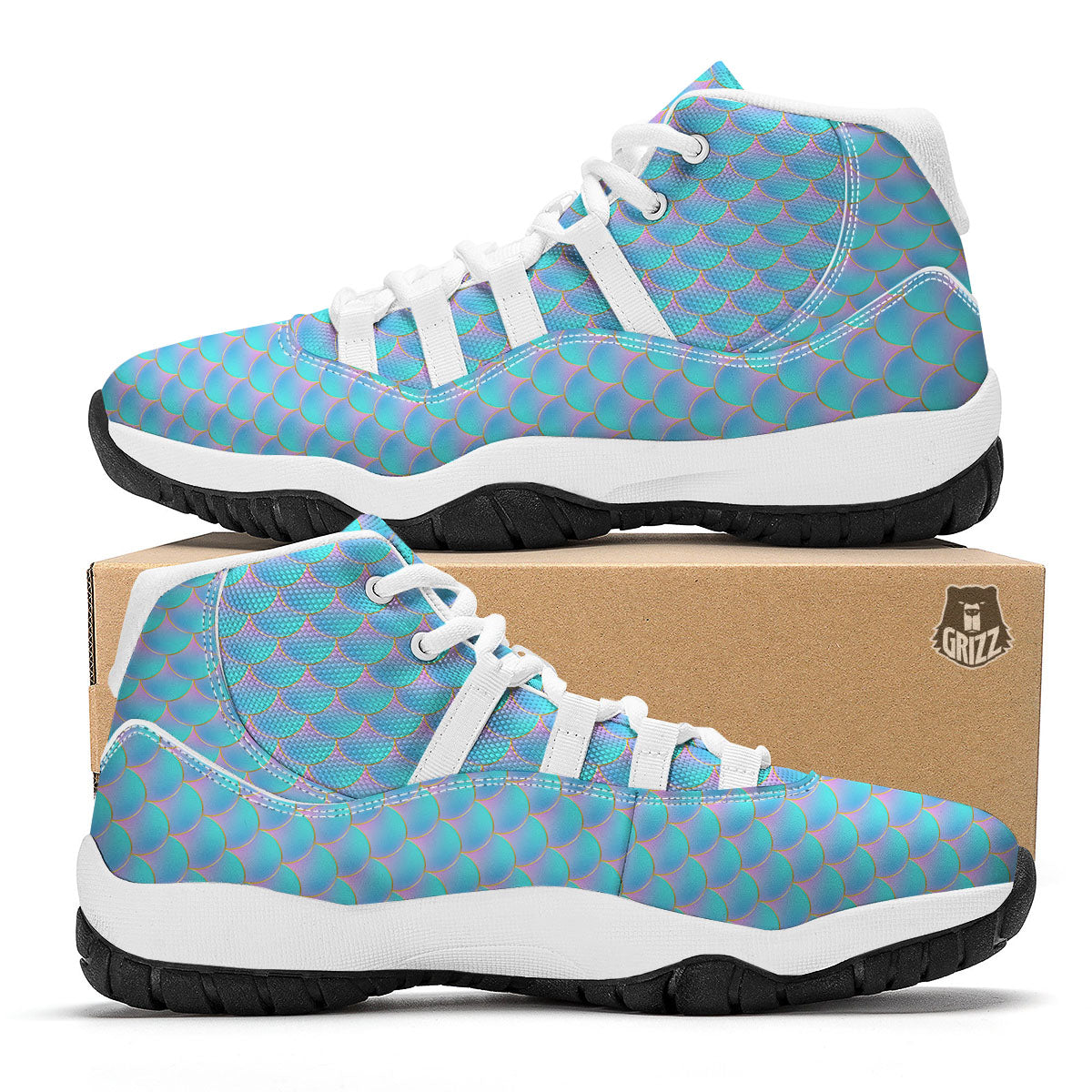 Mermaid Scales Blue Neon Print Pattern White Bball Shoes-grizzshop