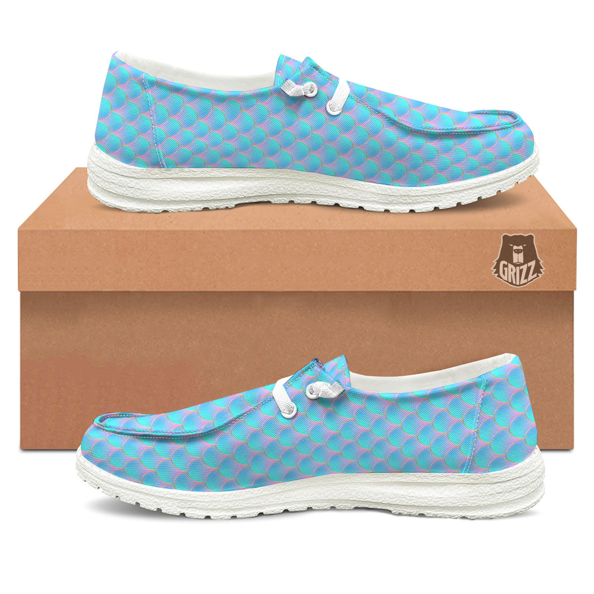 Mermaid Scales Blue Neon Print Pattern White Loafers-grizzshop