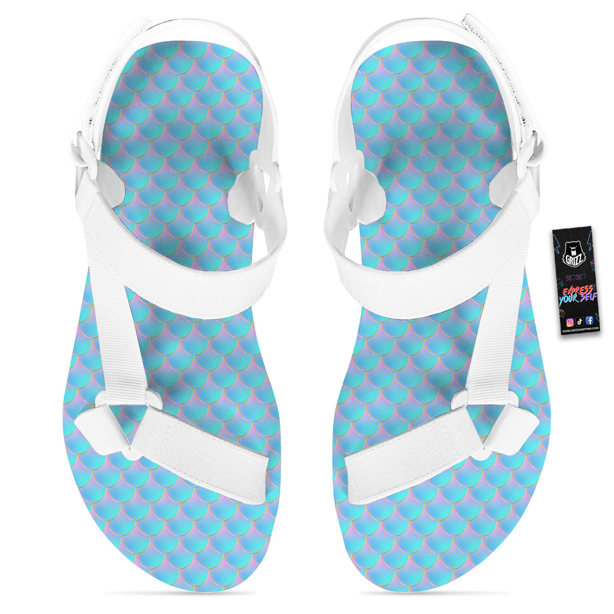 Mermaid Scales Blue Neon Print Pattern White Open Toe Sandals-grizzshop