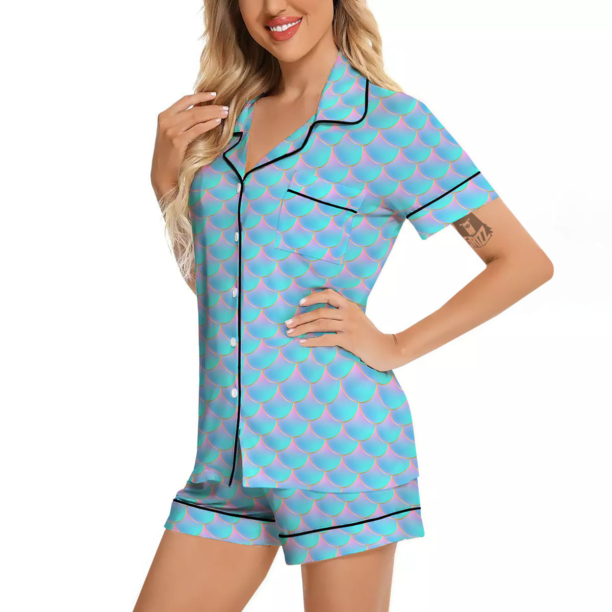 Mermaid Scales Blue Neon Print Pattern Women Silk Pajamas-grizzshop