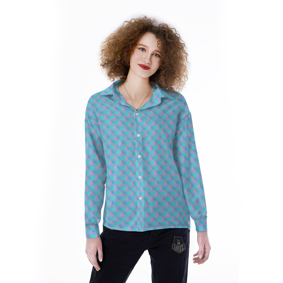 Mermaid Scales Blue Neon Print Pattern Women's Long Sleeve Shirts-grizzshop