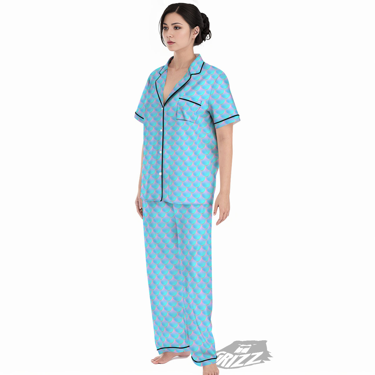 Mermaid Scales Blue Neon Print Pattern Women's Pajamas Set-grizzshop