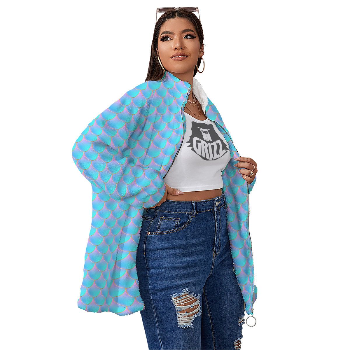 Mermaid Scales Blue Neon Print Pattern Women's Sherpa Jacket-grizzshop
