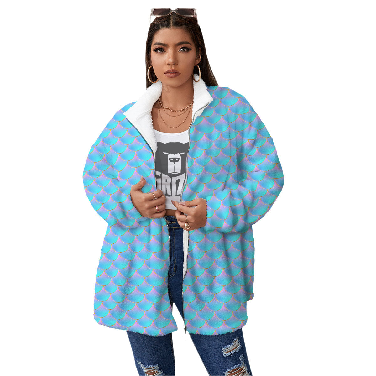 Mermaid Scales Blue Neon Print Pattern Women's Sherpa Jacket-grizzshop