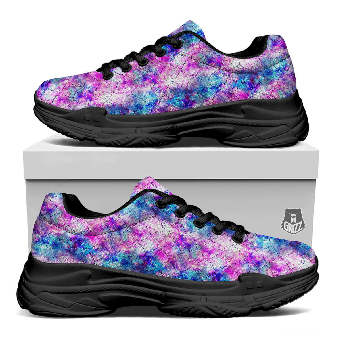 Mermaid Scales Galaxy Print Pattern Black Chunky Shoes-grizzshop