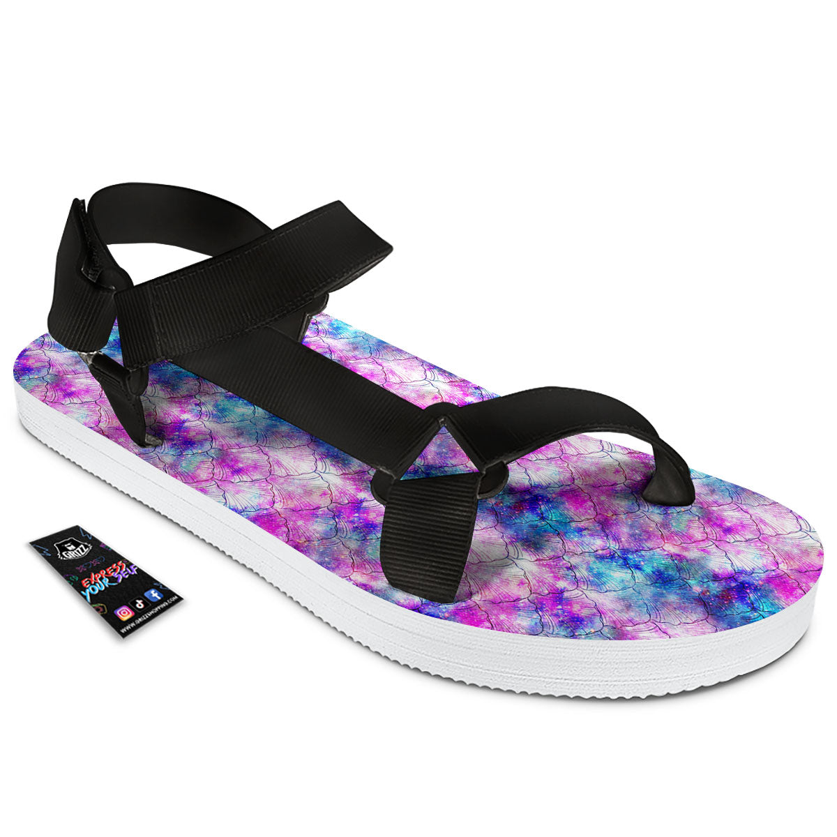 Mermaid Scales Galaxy Print Pattern Black Open Toe Sandals-grizzshop