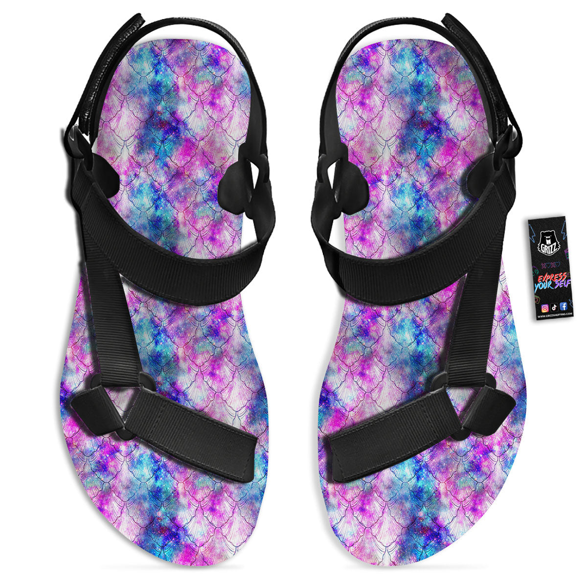 Mermaid Scales Galaxy Print Pattern Black Open Toe Sandals-grizzshop