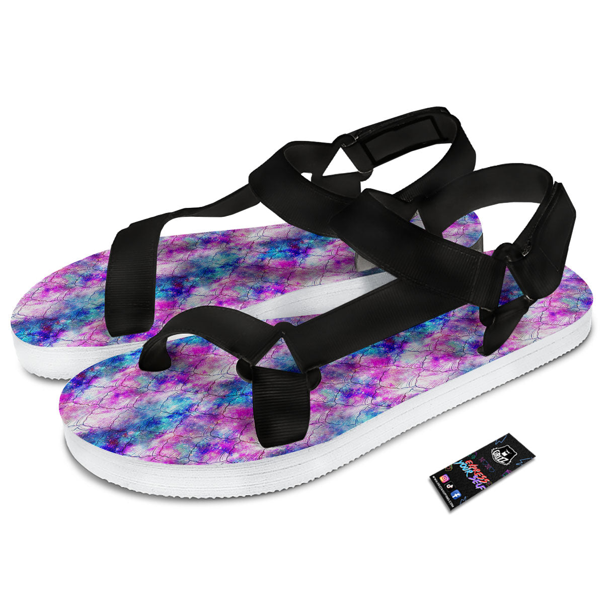 Mermaid Scales Galaxy Print Pattern Black Open Toe Sandals-grizzshop