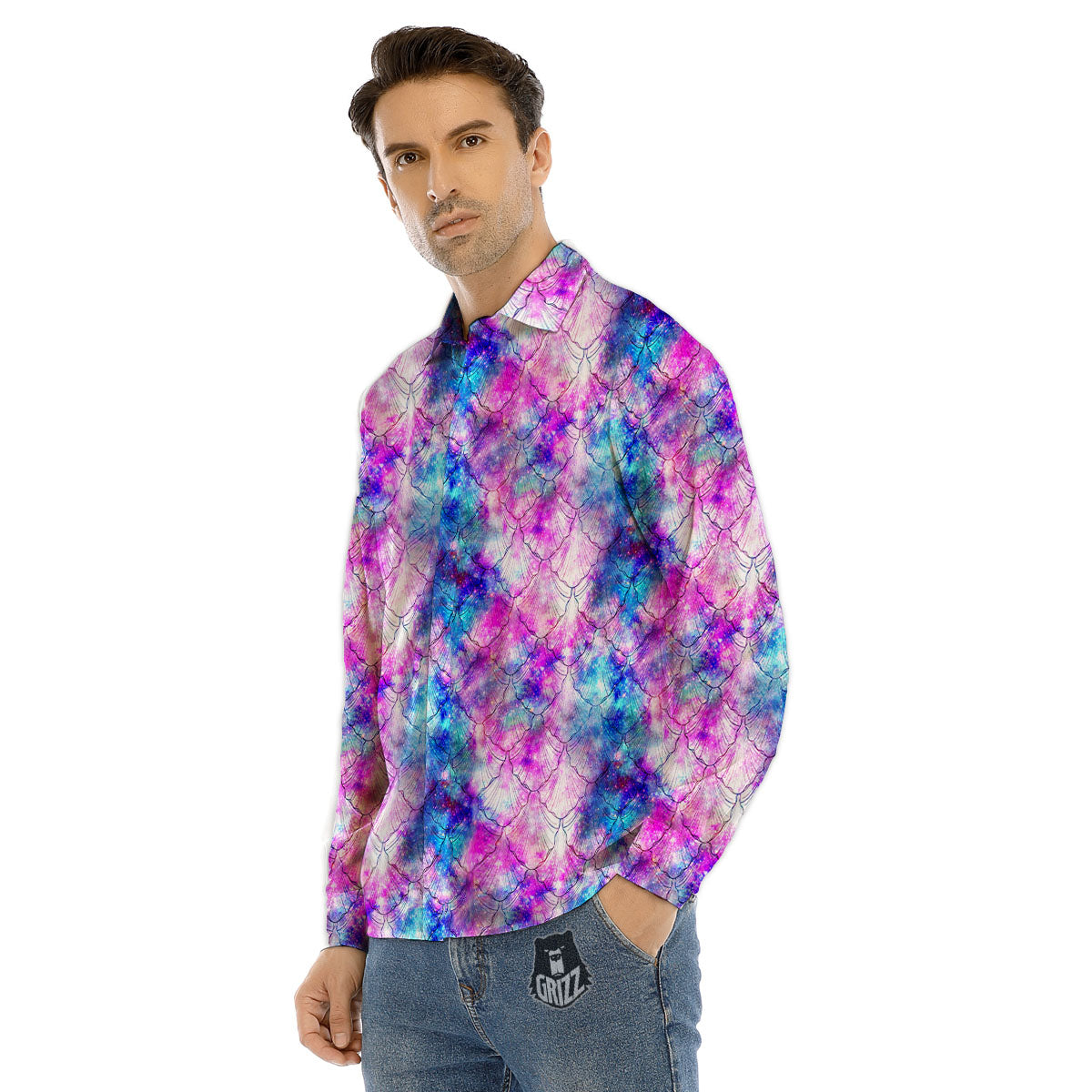 Mermaid Scales Galaxy Print Pattern Men's Dress Shirts-grizzshop