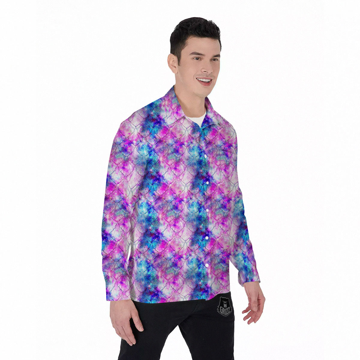 Mermaid Scales Galaxy Print Pattern Men's Long Sleeve Shirts-grizzshop