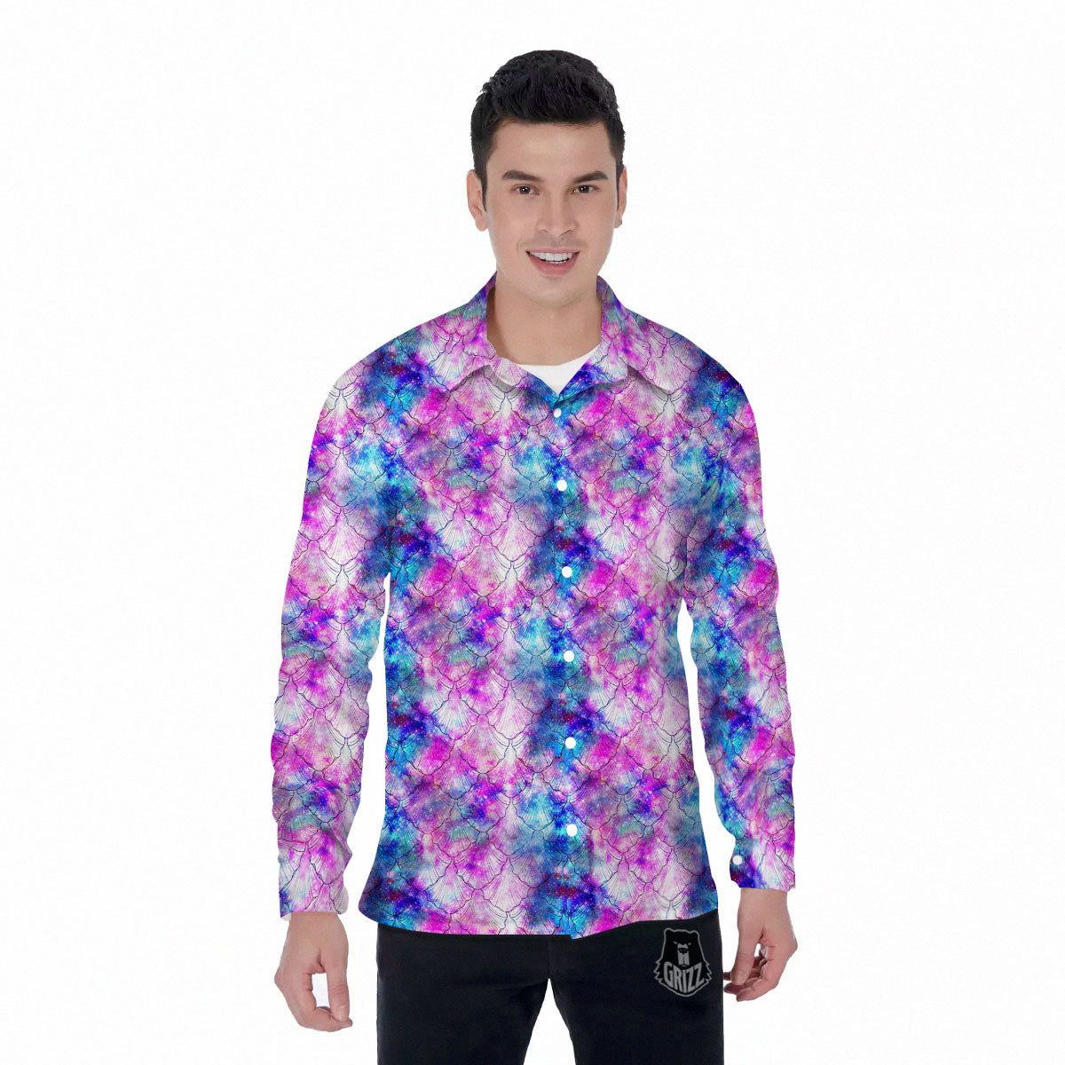 Mermaid Scales Galaxy Print Pattern Men's Long Sleeve Shirts-grizzshop