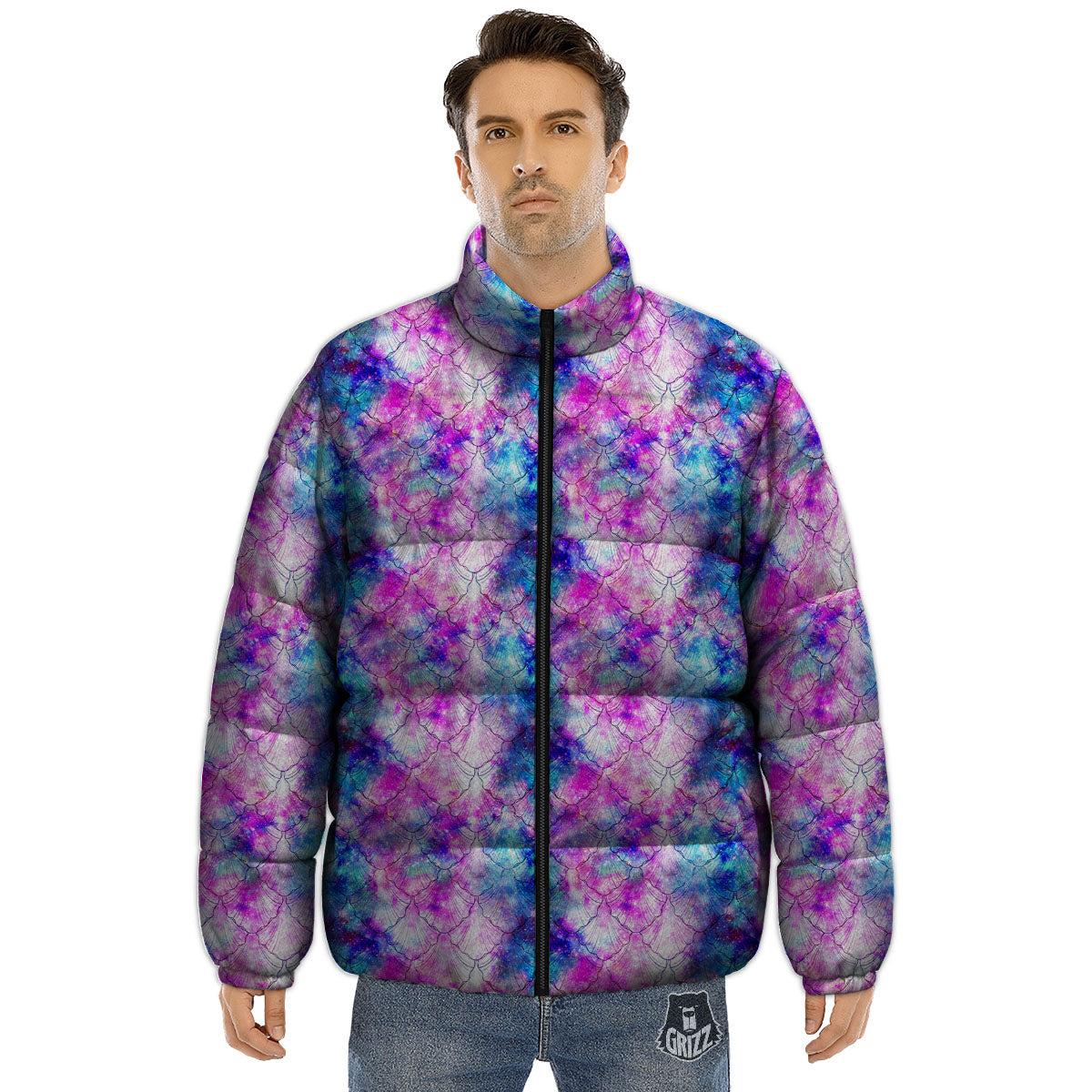Mermaid Scales Galaxy Print Pattern Puffer Jacket-grizzshop