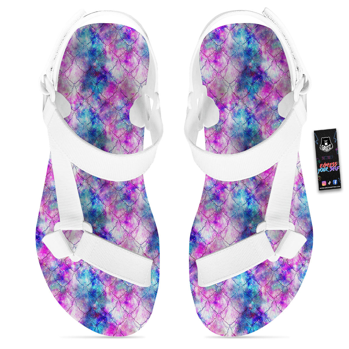 Mermaid Scales Galaxy Print Pattern White Open Toe Sandals-grizzshop