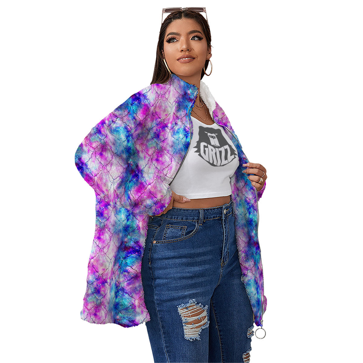 Mermaid Scales Galaxy Print Pattern Women's Sherpa Jacket-grizzshop