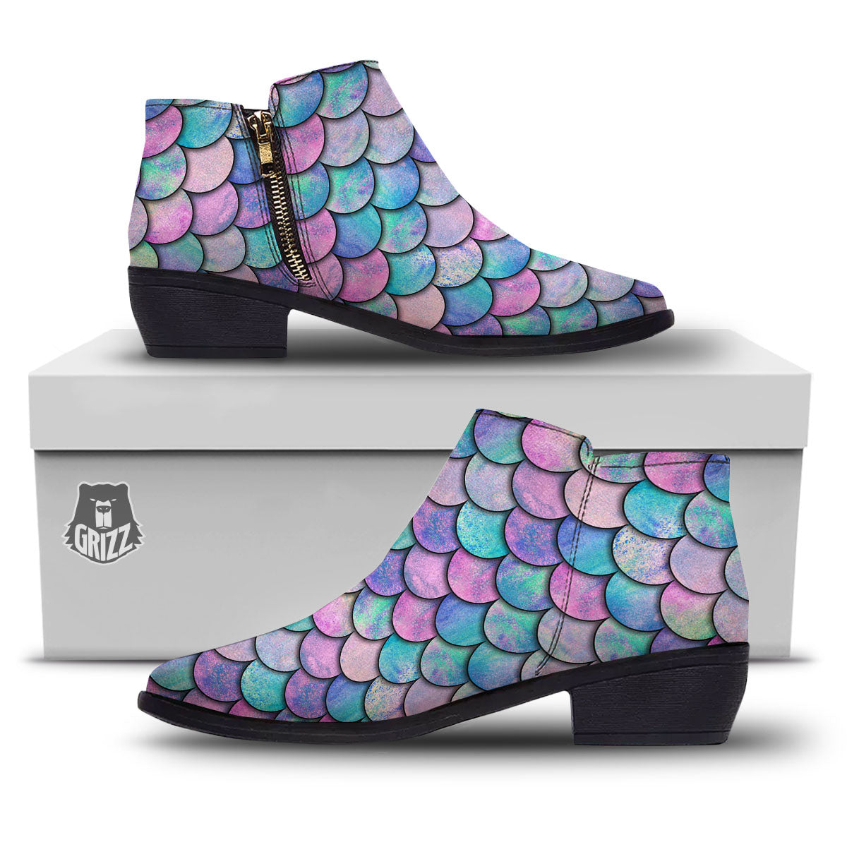 Mermaid Scales Pink And Teal Print Pattern Ankle Boots-grizzshop