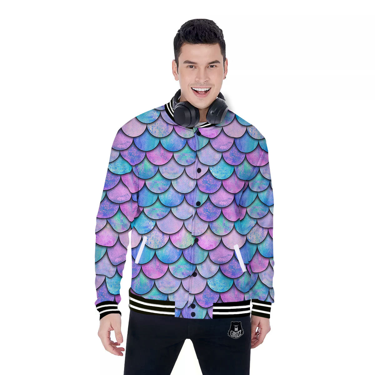 Mermaid Scales Pink And Teal Print Pattern Baseball Jacket-grizzshop