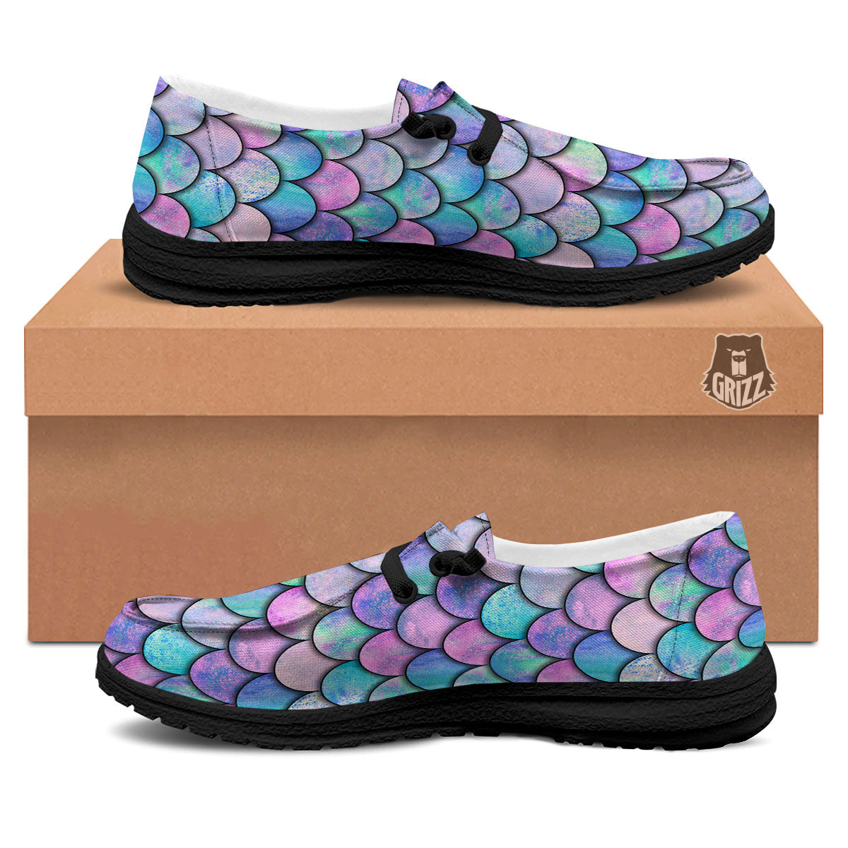 Mermaid Scales Pink And Teal Print Pattern Black Loafers-grizzshop