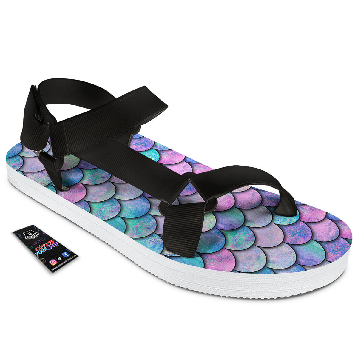 Mermaid Scales Pink And Teal Print Pattern Black Open Toe Sandals-grizzshop