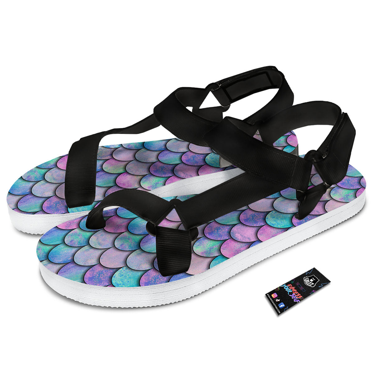 Mermaid Scales Pink And Teal Print Pattern Black Open Toe Sandals-grizzshop