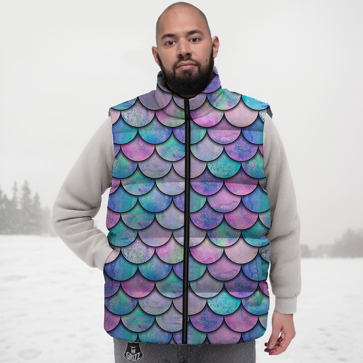 Mermaid Scales Pink And Teal Print Pattern Down Vest
