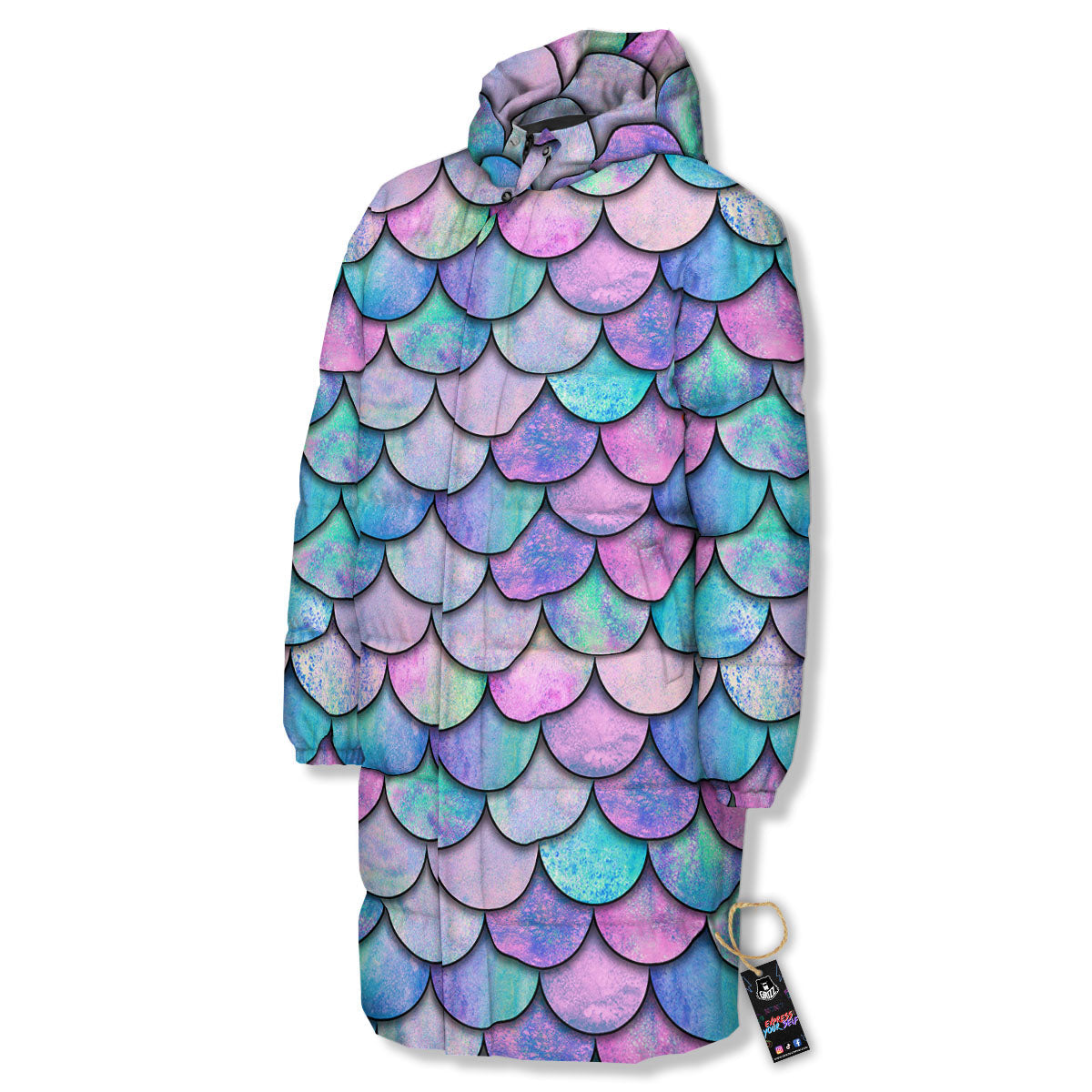 Mermaid Scales Pink And Teal Print Pattern Long Down Jacket-grizzshop