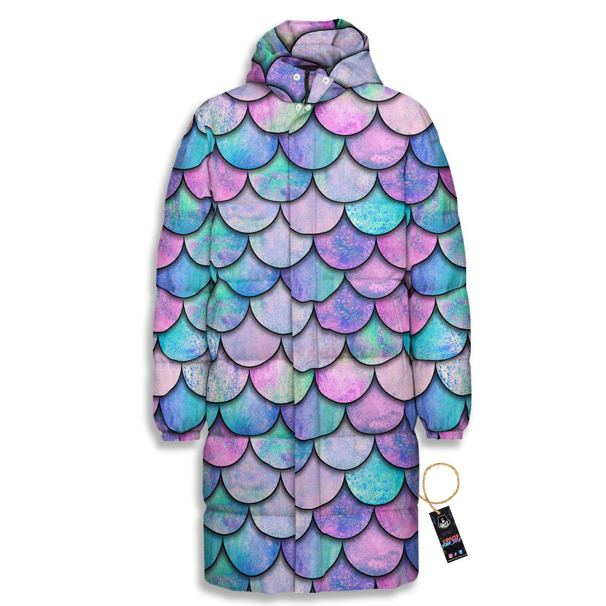 Mermaid Scales Pink And Teal Print Pattern Long Down Jacket-grizzshop