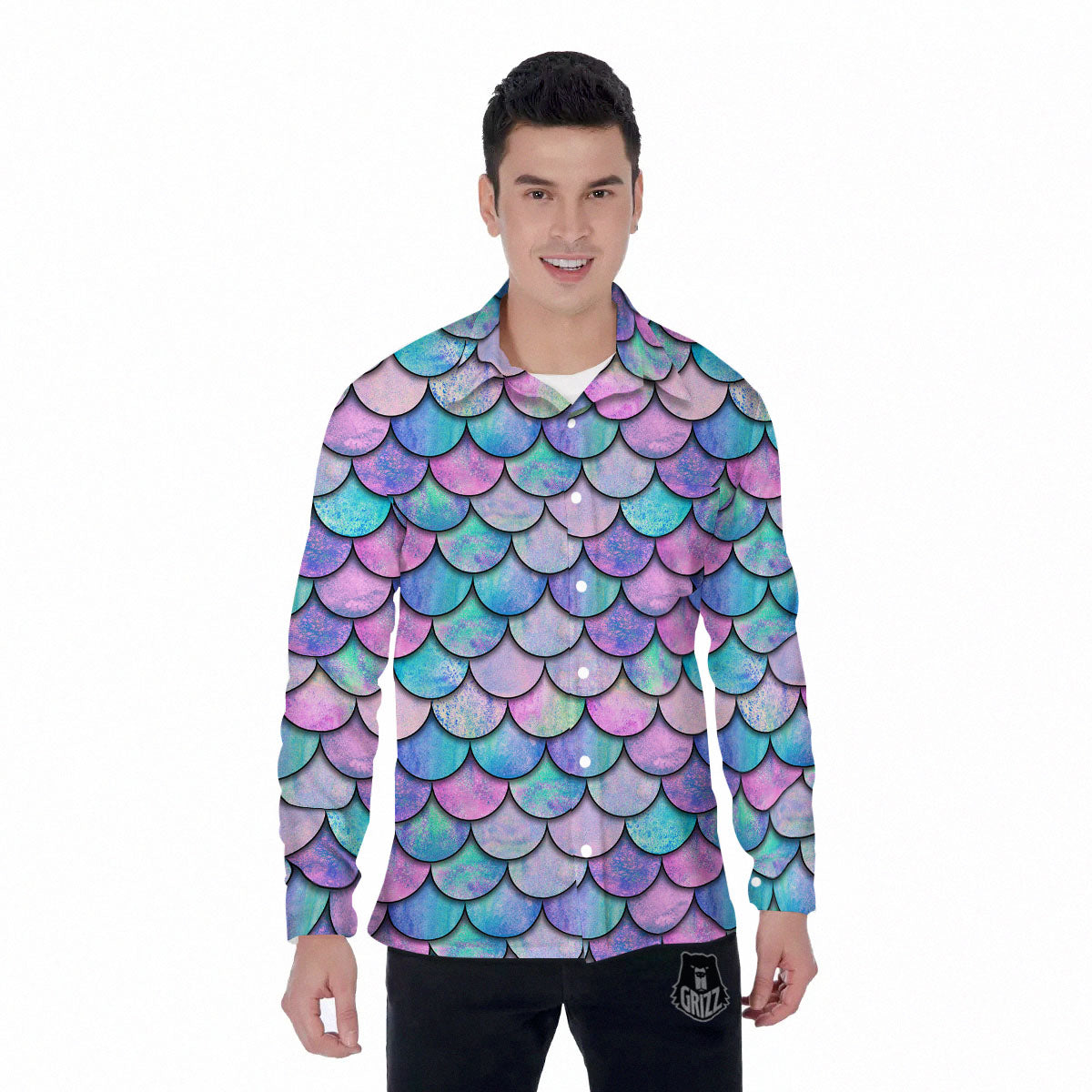 Mermaid Scales Pink And Teal Print Pattern Men's Long Sleeve Shirts-grizzshop