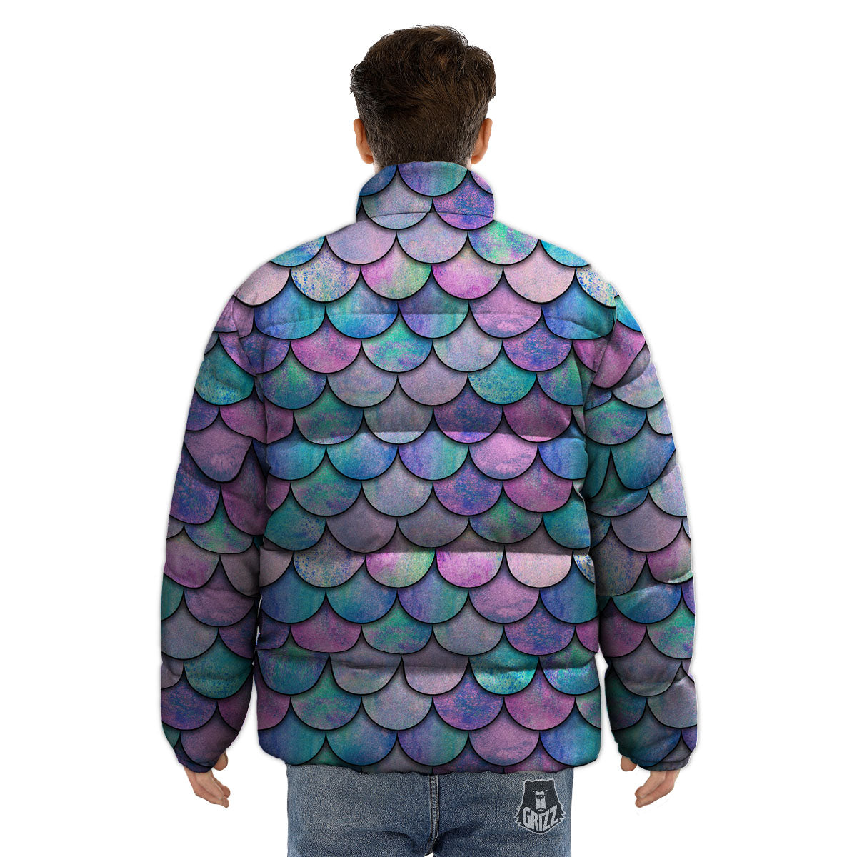 Mermaid Scales Pink And Teal Print Pattern Puffer Jacket-grizzshop