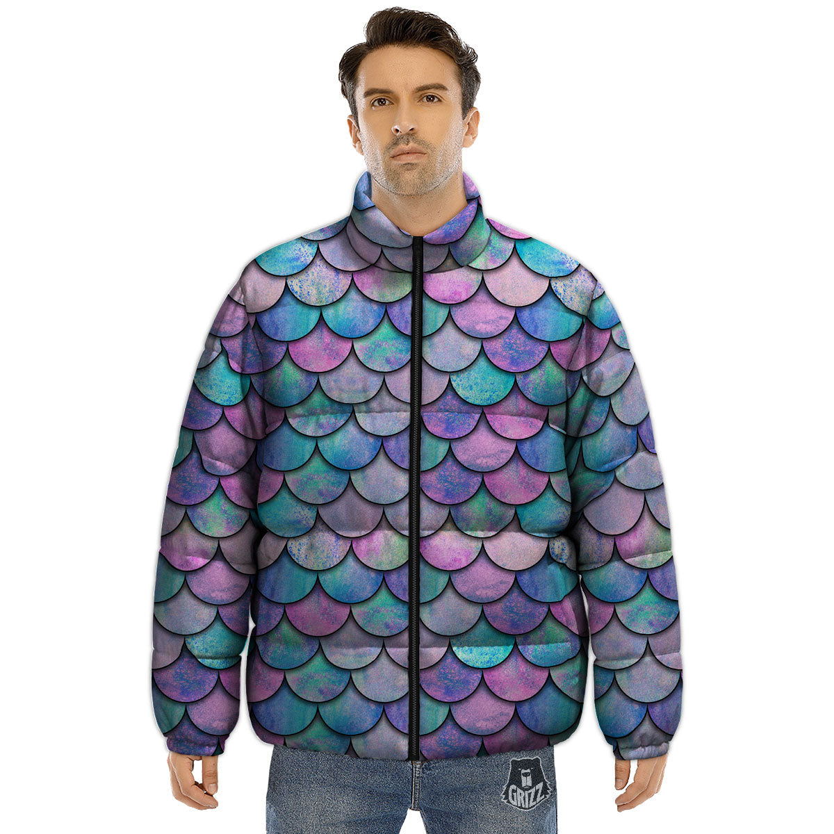 Mermaid Scales Pink And Teal Print Pattern Puffer Jacket-grizzshop