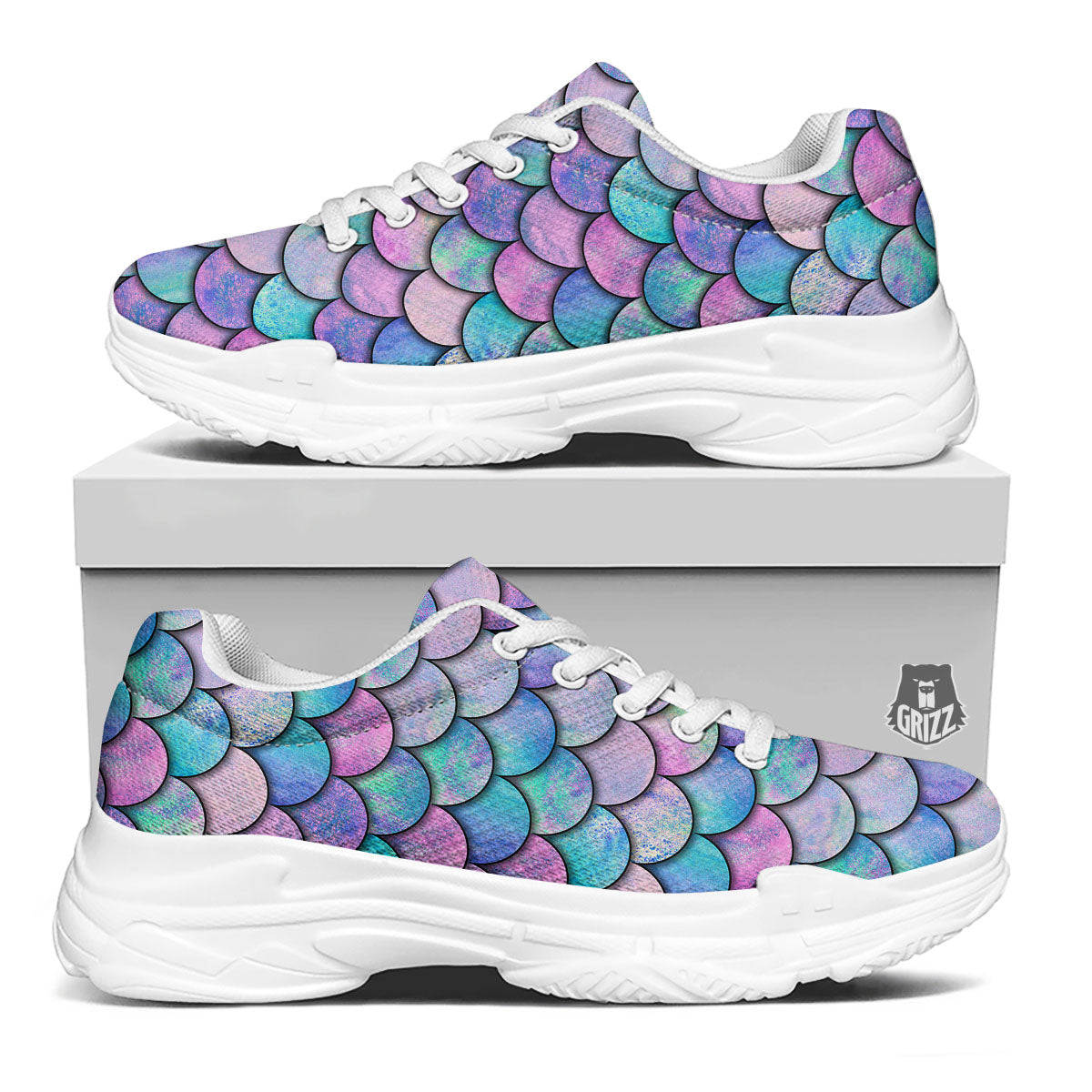 Mermaid Scales Pink And Teal Print Pattern White Chunky Shoes-grizzshop