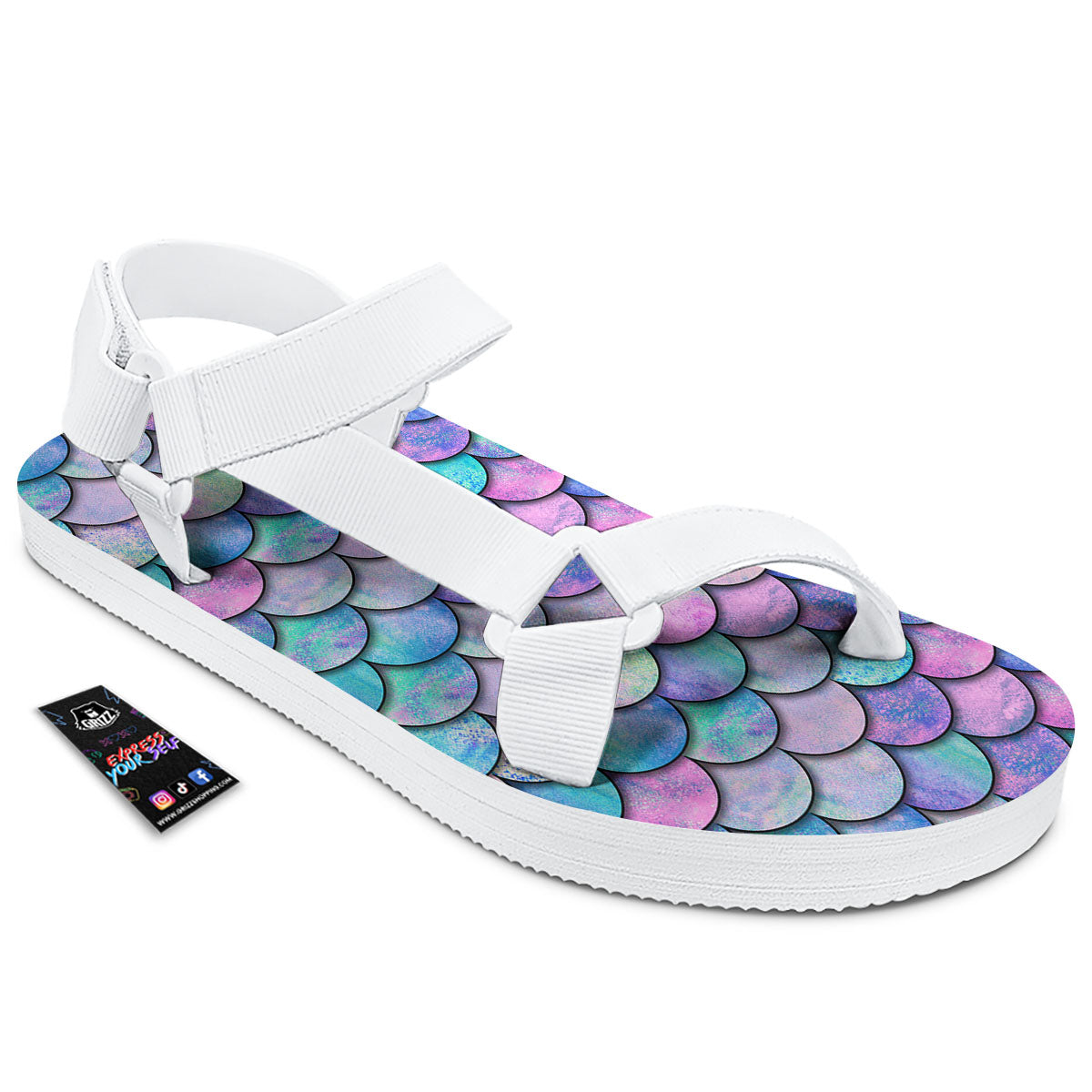 Mermaid Scales Pink And Teal Print Pattern White Open Toe Sandals-grizzshop