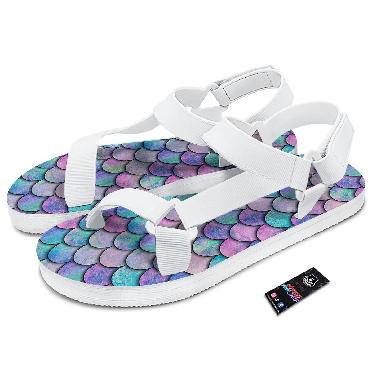 Mermaid Scales Pink And Teal Print Pattern White Open Toe Sandals-grizzshop