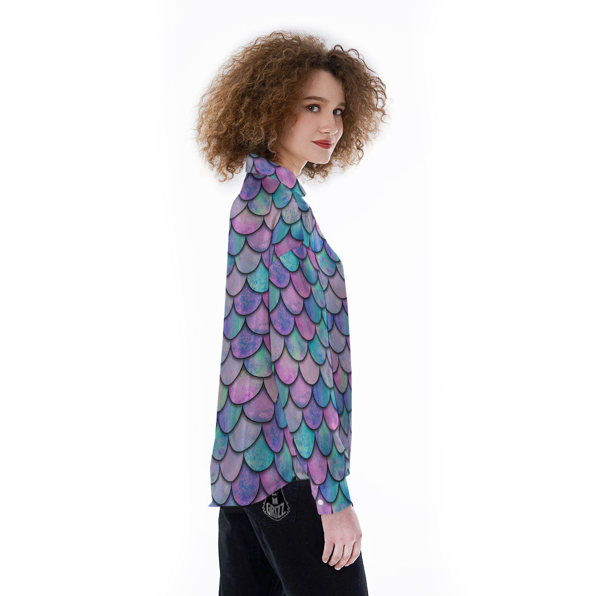 Mermaid Scales Pink And Teal Print Pattern Women's Long Sleeve Shirts-grizzshop