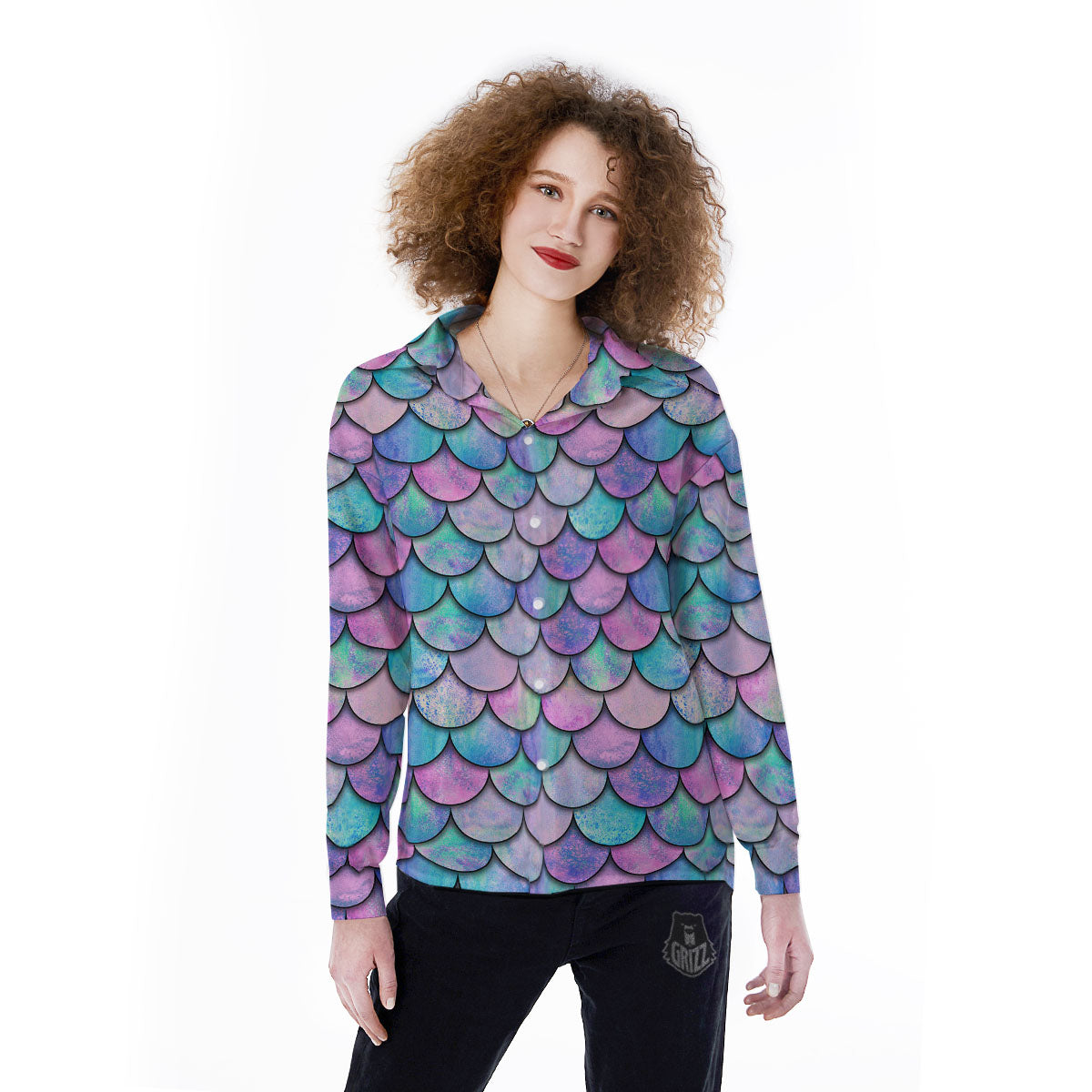 Mermaid Scales Pink And Teal Print Pattern Women's Long Sleeve Shirts-grizzshop