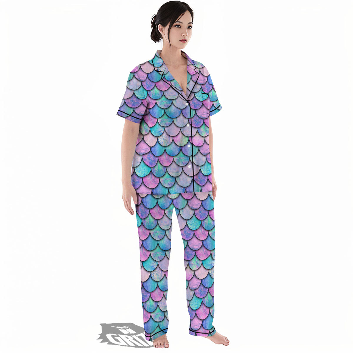 Mermaid Scales Pink And Teal Print Pattern Women's Pajamas Set-grizzshop