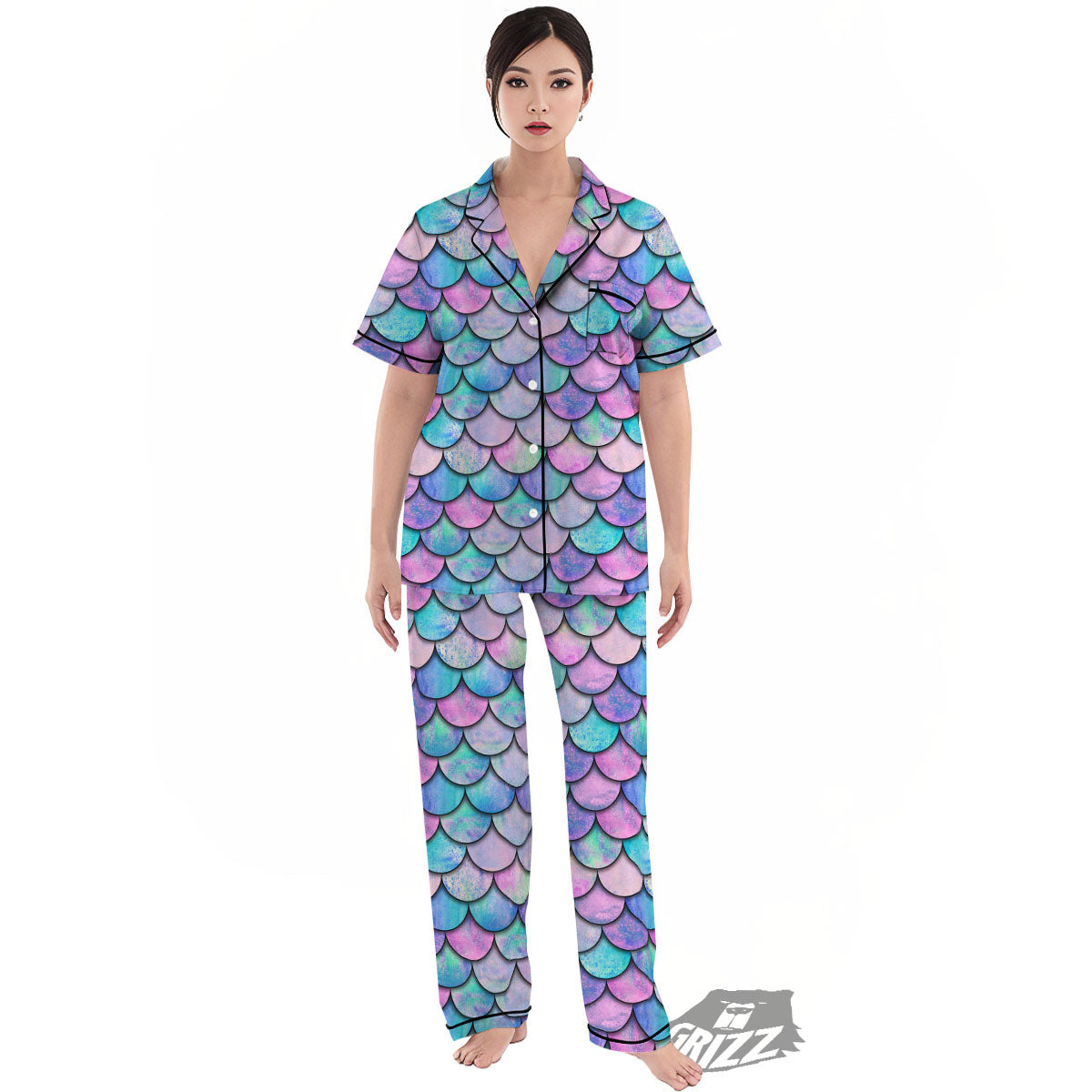 Mermaid Scales Pink And Teal Print Pattern Women's Pajamas Set-grizzshop