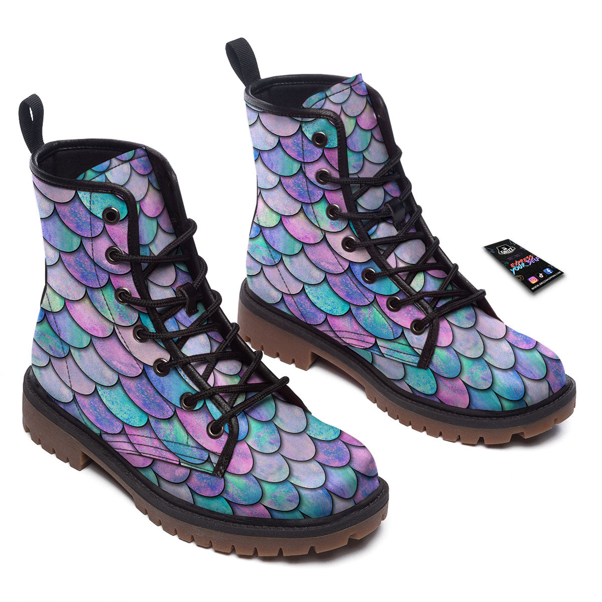 Mermaid Scales Pink And Teal Print Pattern Work Boots-grizzshop