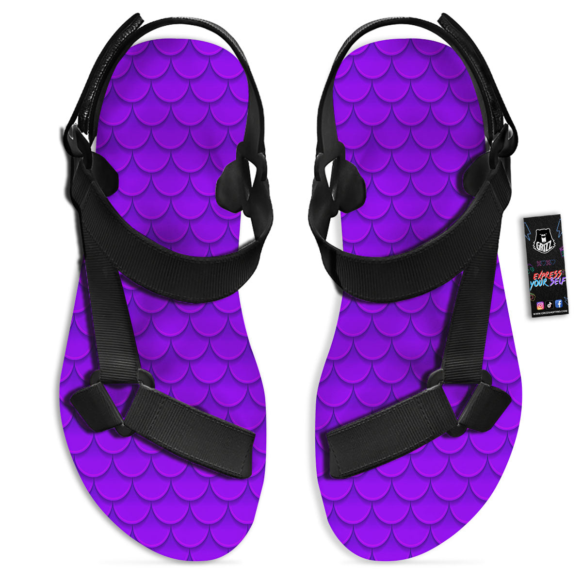 Mermaid Scales Purple Print Pattern Black Open Toe Sandals-grizzshop