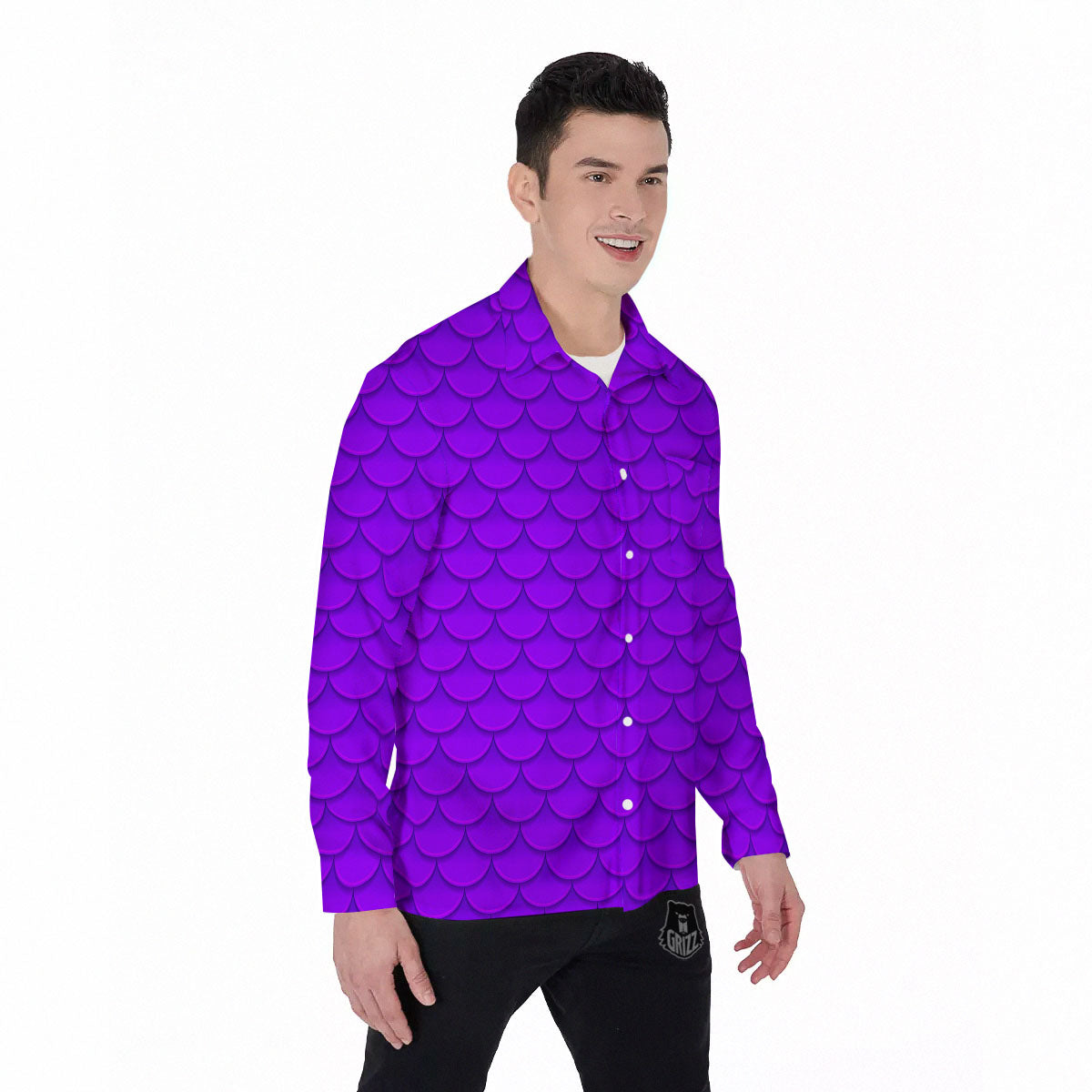 Mermaid Scales Purple Print Pattern Men's Long Sleeve Shirts-grizzshop