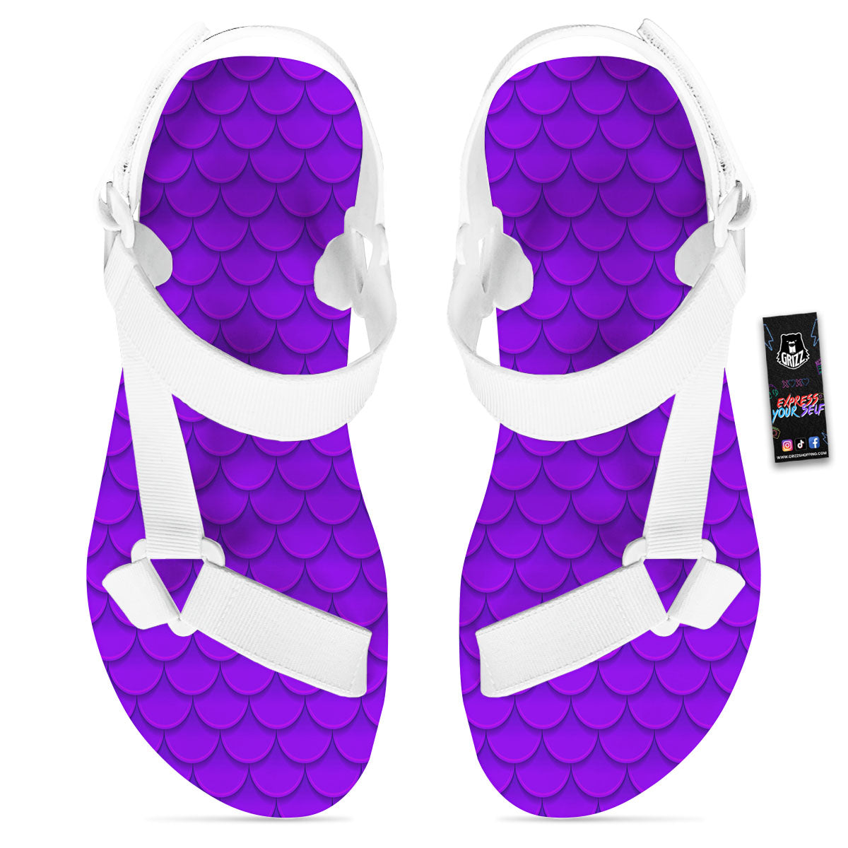 Mermaid Scales Purple Print Pattern White Open Toe Sandals-grizzshop