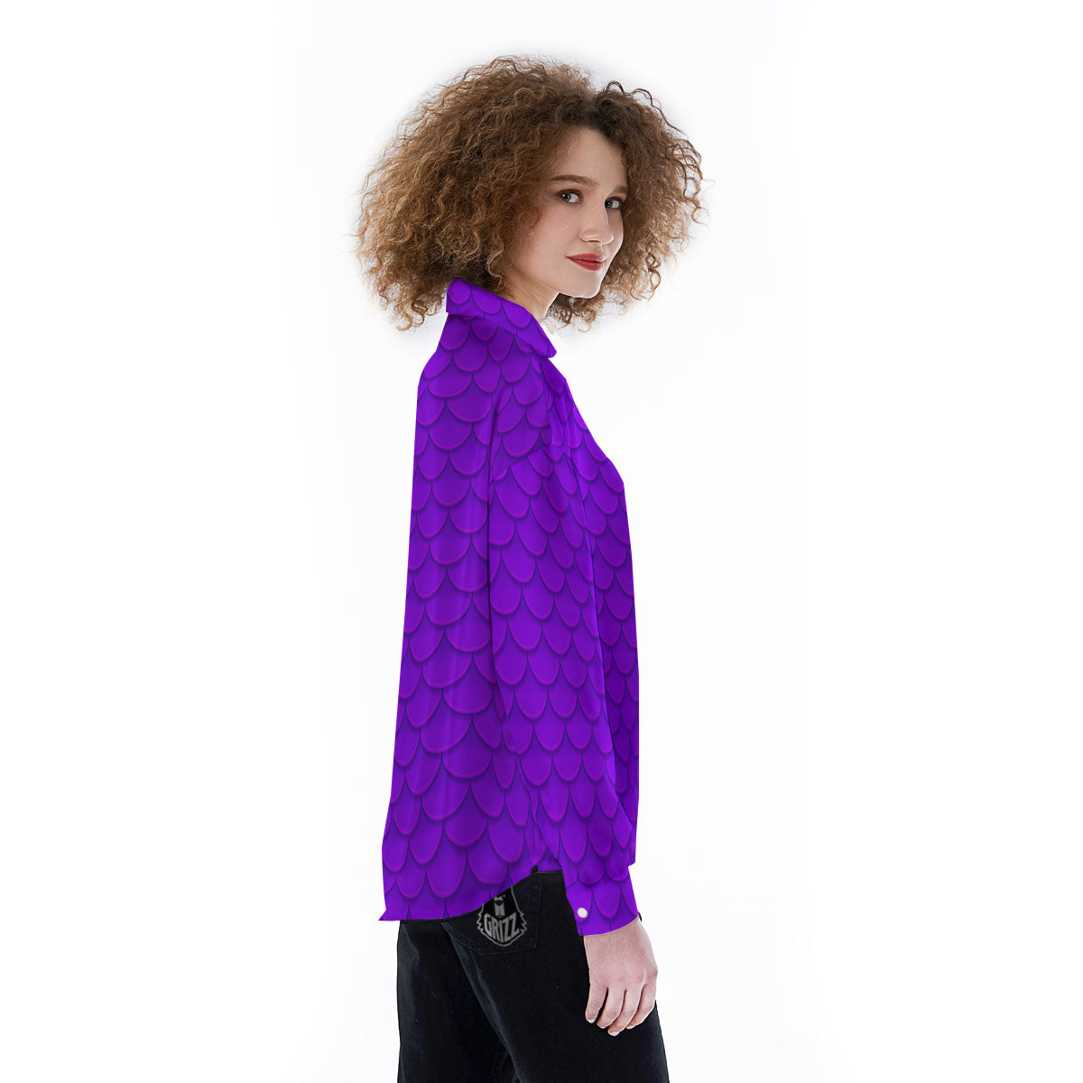 Mermaid Scales Purple Print Pattern Women's Long Sleeve Shirts-grizzshop