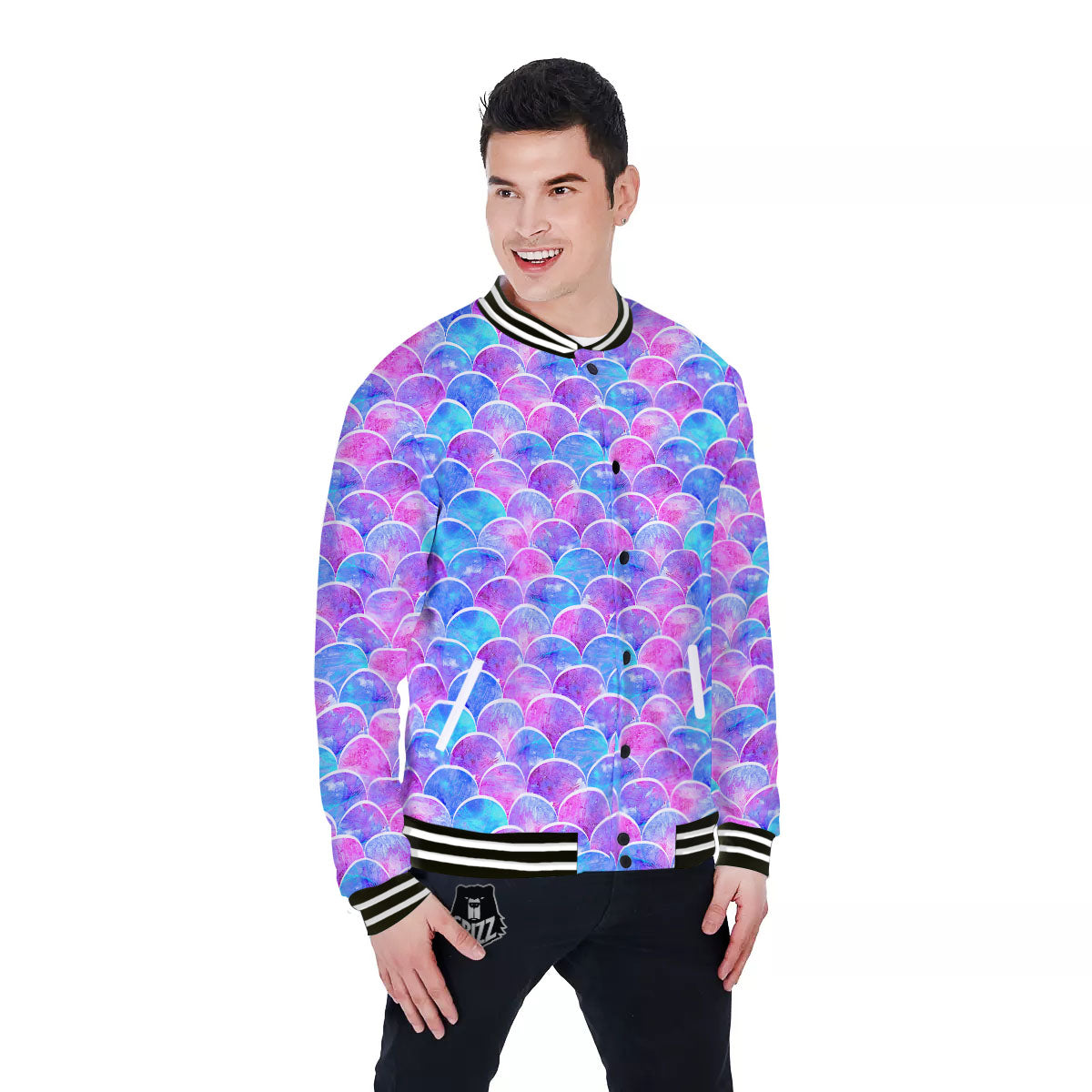 Mermaid Scales Sea Blue Print Pattern Baseball Jacket-grizzshop