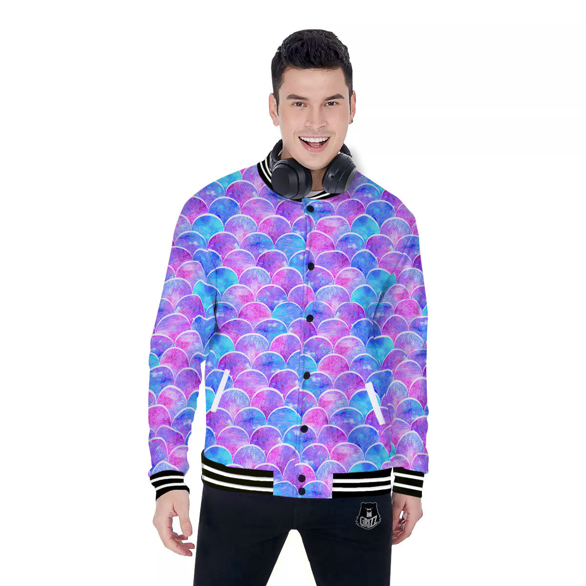 Mermaid Scales Sea Blue Print Pattern Baseball Jacket-grizzshop