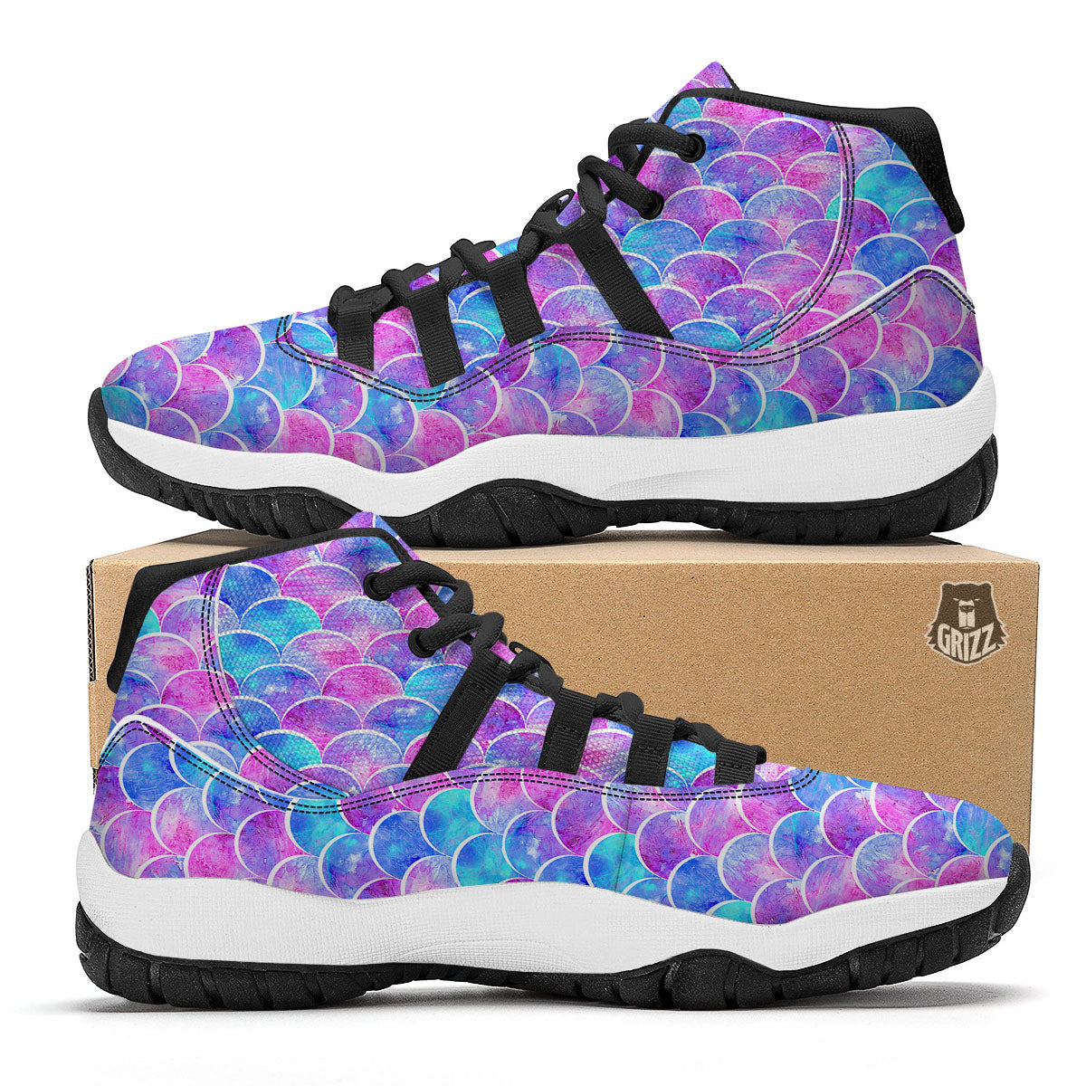 Mermaid Scales Sea Blue Print Pattern Black Bball Shoes-grizzshop