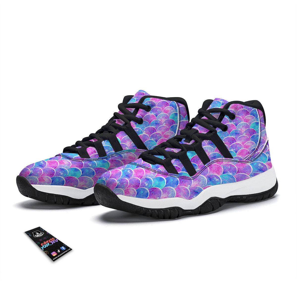Mermaid Scales Sea Blue Print Pattern Black Bball Shoes-grizzshop
