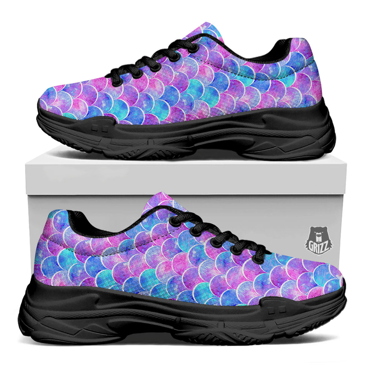 Mermaid Scales Sea Blue Print Pattern Black Chunky Shoes-grizzshop